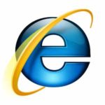 Internet Explorers märke: ett litet e omgivet av en gul ring (som en Saturnusring på sneddem).