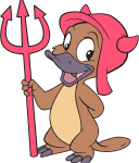 Näbbdjur i serieteckningsstil med en röd treudd och en röd mössa med horn.
