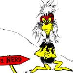 Dr. Seuss teckning av en nerd. Den har vitt yvigt hår och polisonger, gul hy utom runt ögonen där hyn är röd, svarta kläder och långa gula fötter. Man ser en liten röd skylt med texten NERD.