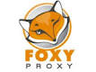 Foxyproxys märke. En räv (bara huvudet) som blinkar med ena ögat. Under den texten FOXYPROXY.
