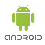 Den gröna roboten Bugdroid som symboliserar Android. Under står ANDROID skrivet med stiliserade bokstäver.