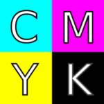 Fyra rutor med färgerna cyan (blågrönt), magenta (purpurrött), gult och svart. Bokstäverna C M Y och K står i respektive ruta.