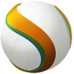 En vit boll eller glob med ett S i gulbrunt och grönt. S:ets utformning påminner om sömmen på en tennisboll.