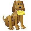 Tecknad brun hund med gult papper i munnen.
