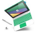 Vanlig bärbar dator med styrplatta. Samma färgskala som One Laptop per Childs XO-datorer: vit med gröna detaljer.
