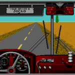 Vy från datorspelet Desert Bus. Rak landsväg till horisonten plus lite av ratten och instrumentbrädan.