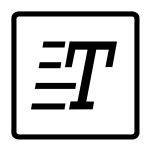 Bokstaven T (versal), lutande. Till vänster om T:et fyra vågräta linjer.